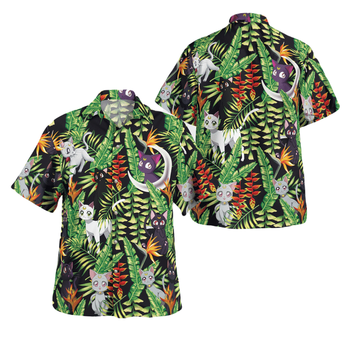 Sailor Moon Hawaii Shirt Luna And Artemis Tropical Pattern Hawaiian Shirt Black Green Unisex