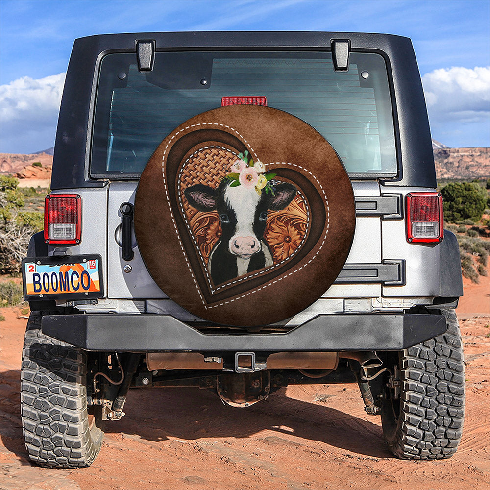 Cow Spare Tire Cover Cow Heart Flower Wood Carving Tire Covers Brown