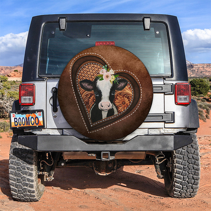 Cow Spare Tire Cover Cow Heart Flower Wood Carving Tire Covers Brown