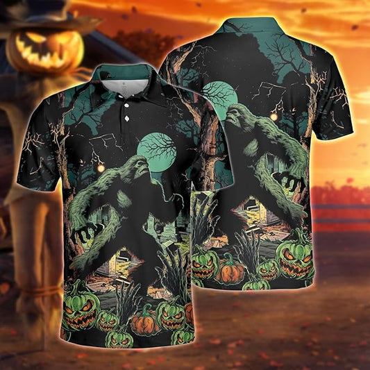 Bigfoot Polo Shirt Bigfoot In Graveyard Halloween Night Polo Tees Black Green