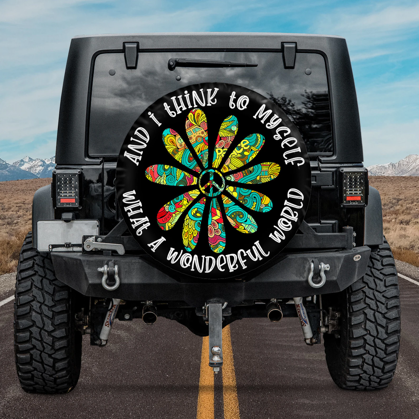 Hippie Spare Tire Cover And I Think To Myself What A Wonderful World Tire Covers Black White