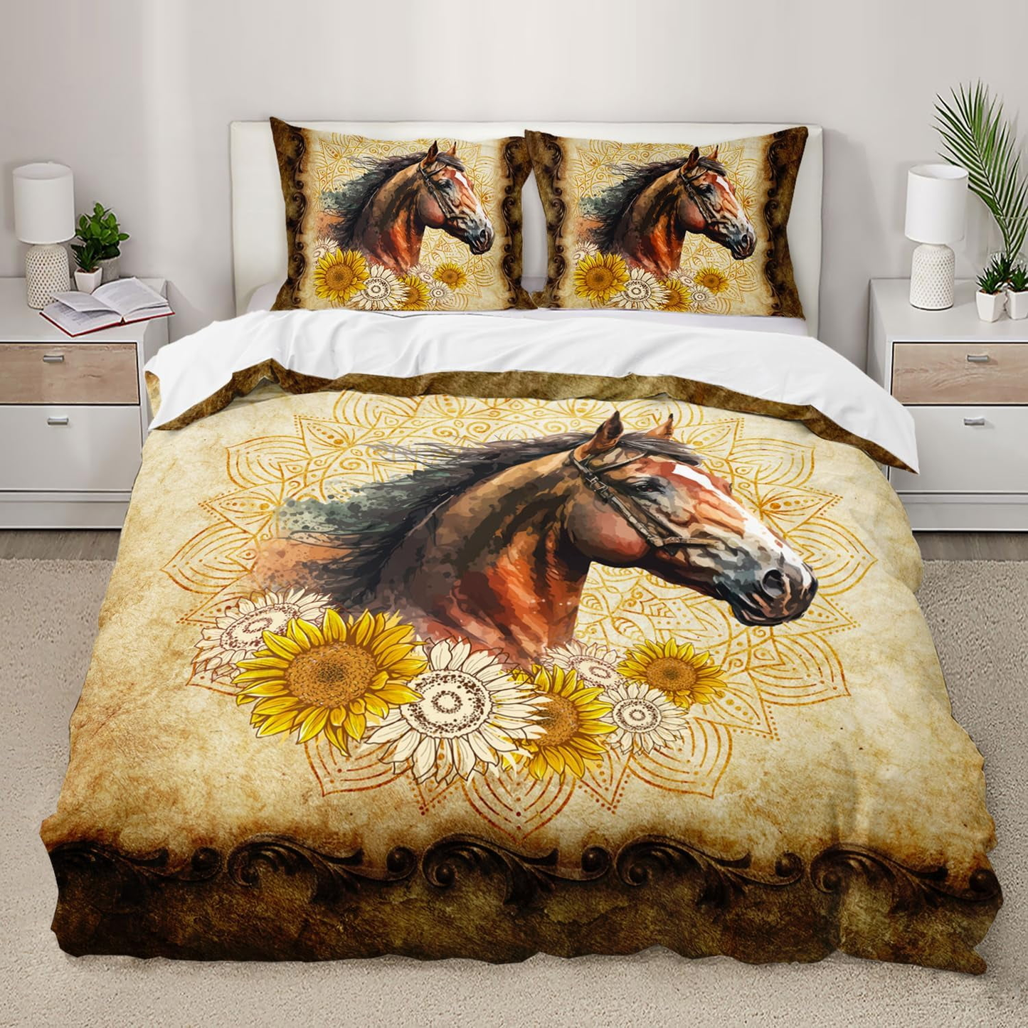 Horse Bedding Set Vintage Horse Mandala Pattern Duvet Covers Yellow Unique Gift