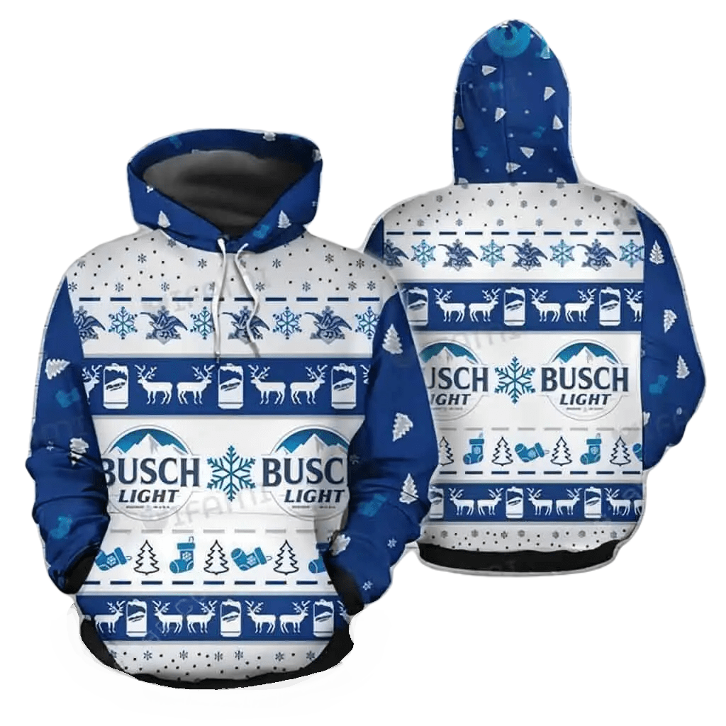 Busch Light Hoodie Busch Light Can Christmas Pattern Hoodie White Blue Unisex