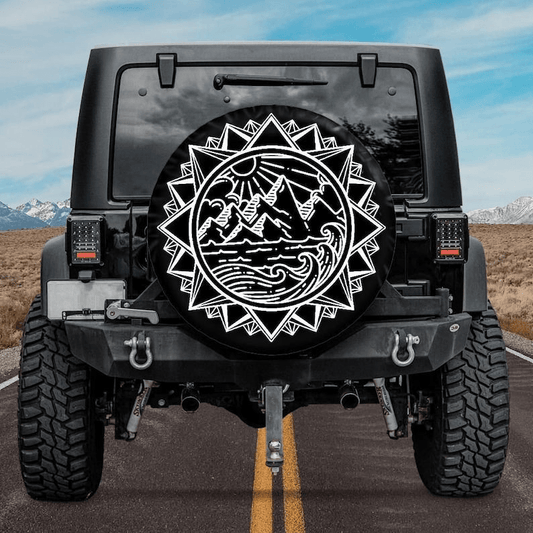 Camping Spare Tire Cover Mountain Sun And River Mandala Pattern Tire Covers Black White