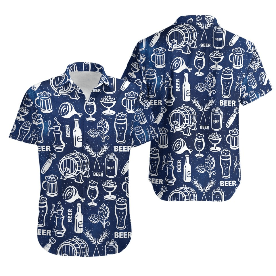 Beer Hawaii Shirt Beer Can Bottle Glass Barrel Pattern Hawaiian Shirt Blue Unisex