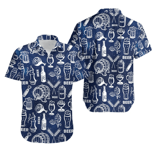 Beer Hawaii Shirt Beer Can Bottle Glass Barrel Pattern Hawaiian Shirt Blue Unisex