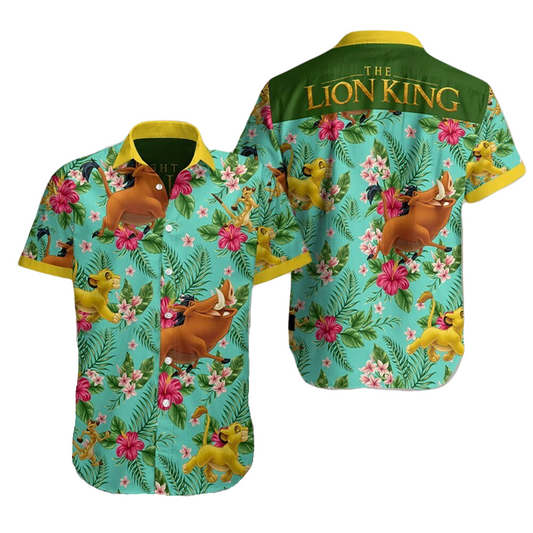 LK Hawaii Shirt DN Simba Pumba Timon Tropical Flower Pattern Hawaiian Shirt Yellow Green Unisex