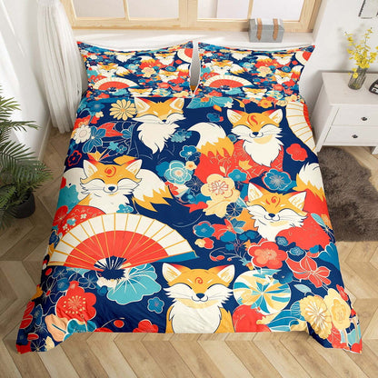 Japan Bedding Set Japanese Cherry Blossoms Fox Pattern Duvet Covers Colorful Unique Gift