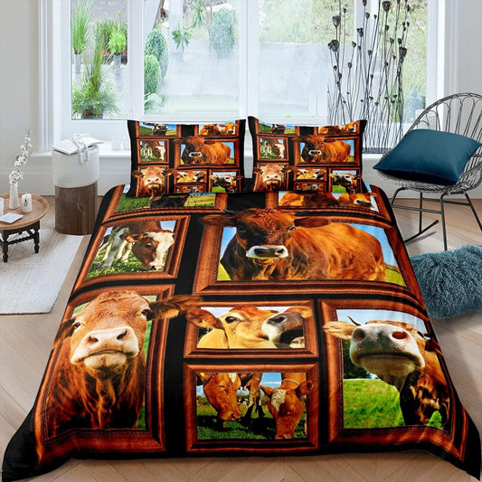 Cow Bedding Set Cow On The Field Graphic Duvet Covers Brown Unique Gift