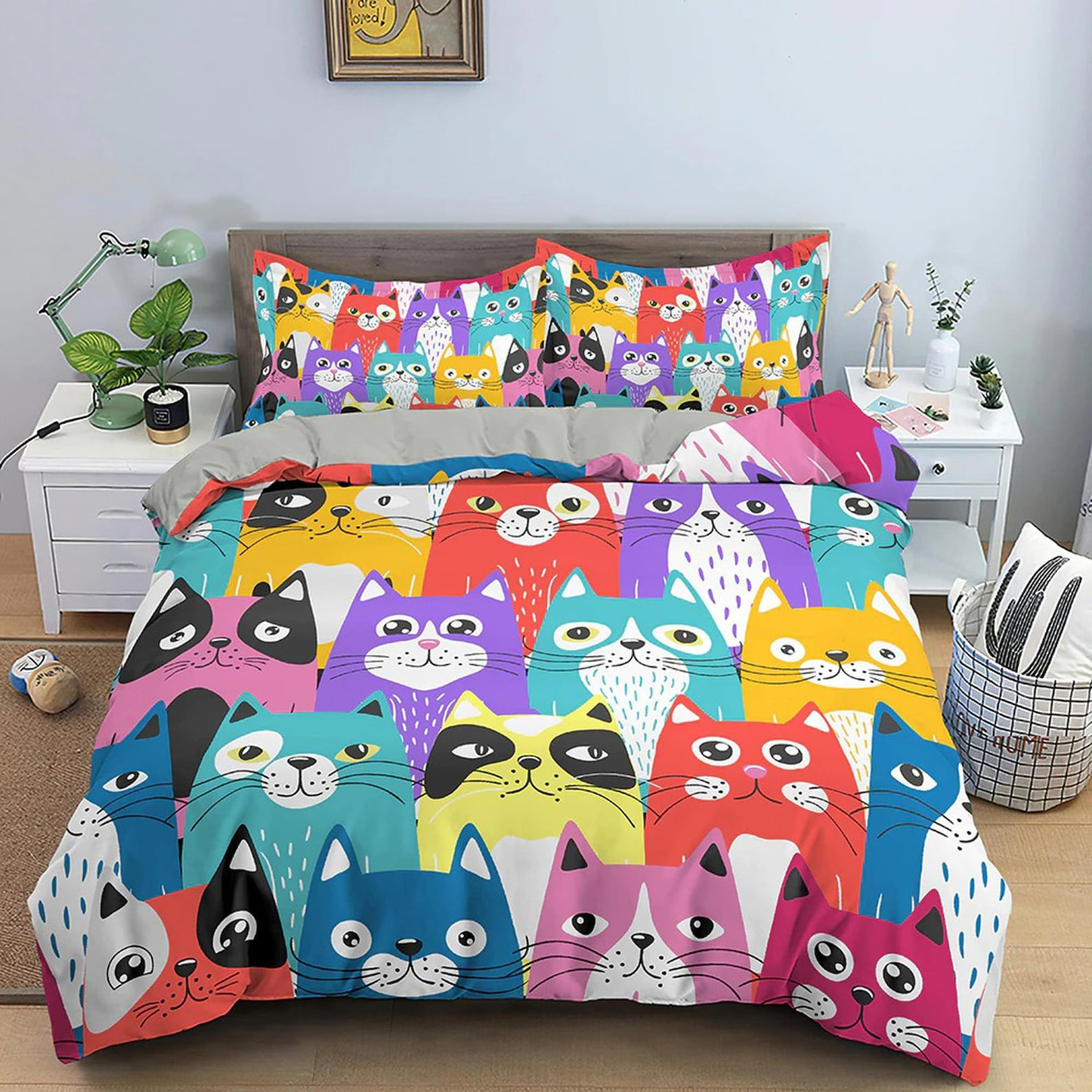 Cat Bedding Set Funny Cat Doodle Pattern Duvet Covers Colorful Unique Gift