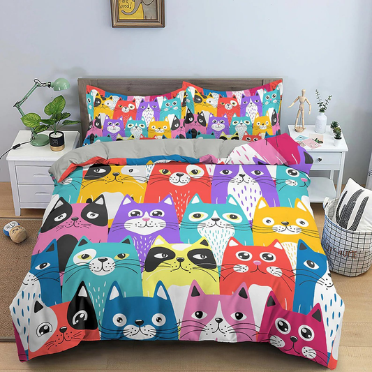 Cat Bedding Set Funny Cat Doodle Pattern Duvet Covers Colorful Unique Gift