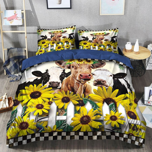 Cow Bedding Set Cow And Sunflower By The Fence Duvet Covers White Yellow Unique Gift