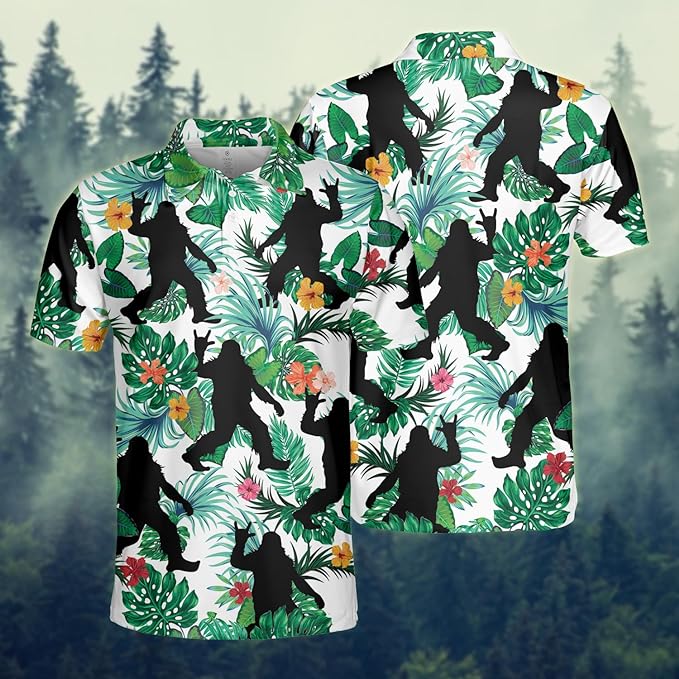 Bigfoot Polo Shirt Bigfoot Silhouette Floral Leaves Pattern Polo Tees Black Green