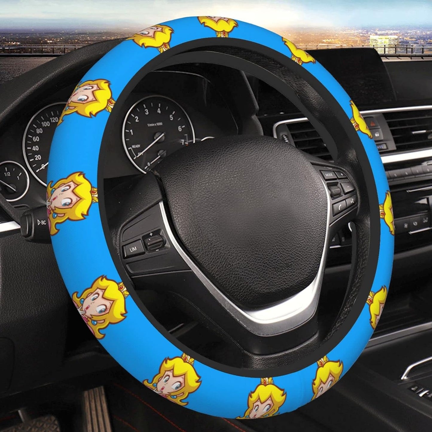 Mario Steering Wheel Cover Super Mario Princess Peach Pattern Driving Wheel Cover Blue