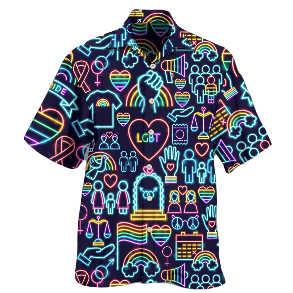 LGBT Hawaii Shirt Neon Light LGBT Rainbow Flag Scale Heart Hawaiian Shirt Colorful Unisex