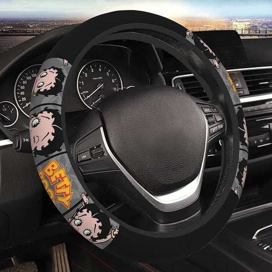 Betty Boop Steering Wheel Cover Betty Boop Poses Pattern Driving Wheel Cover Black Gray