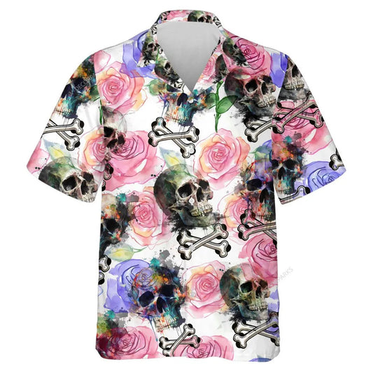 Skull Hawaii Shirt Skull Crossed Bones Watercolor Roses Hawaiian Shirt Colorful Unisex