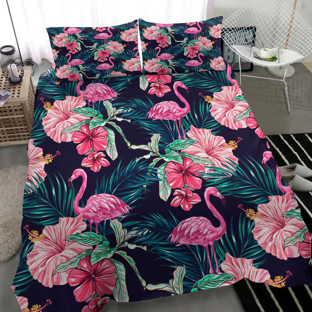 Flamingo Bedding Set Flamingos Tropical Flowers Forest Duvet Covers Pink Green Unique Gift