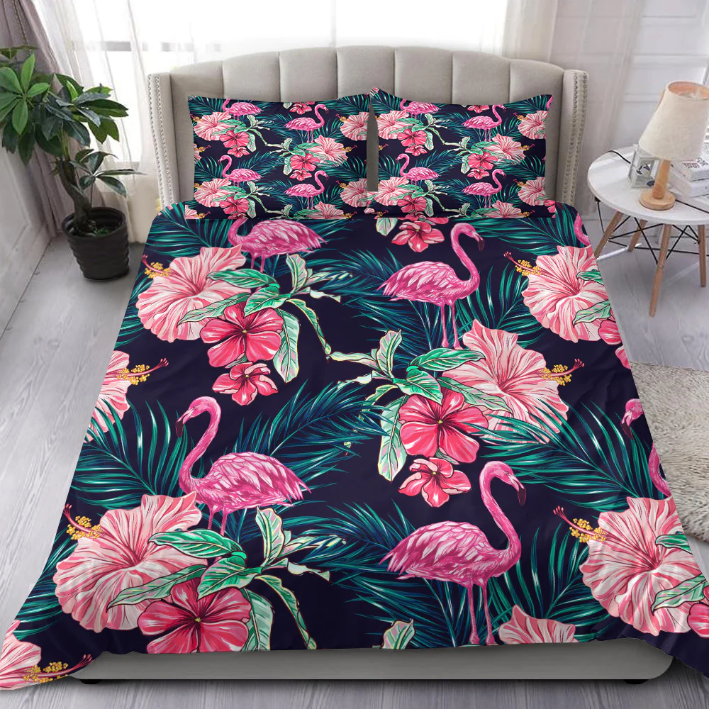 Flamingo Bedding Set Flamingos Tropical Flowers Forest Duvet Covers Pink Green Unique Gift