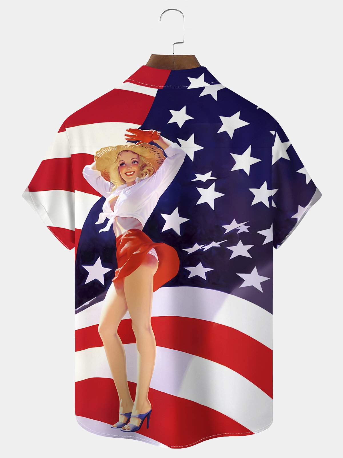 Alohadaddy® Vintage Flag Girl Print Men's Casual Stylish Button Pocket Hawaiian Summer Shirts Short Sleeve Shirt Big Tall