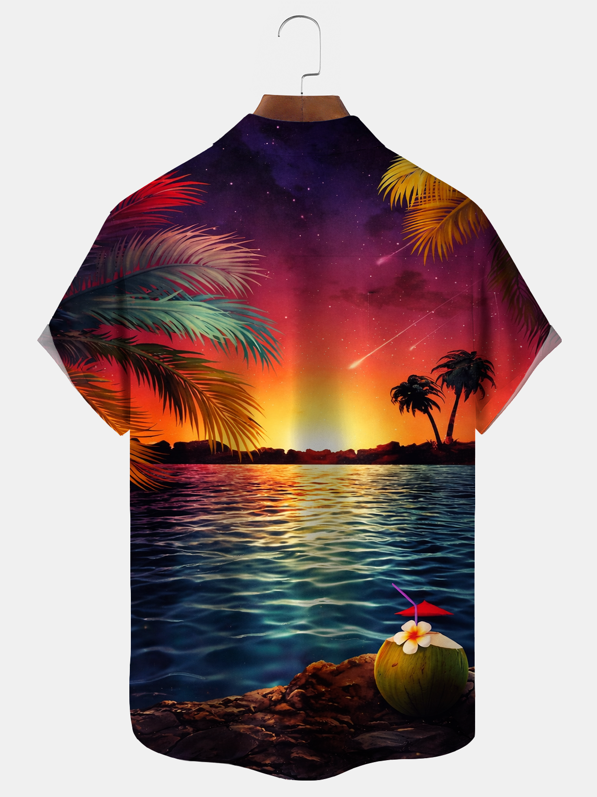 Alohadaddy® Men's Tropic Gradient Art Sunset Palm Tree Print Retro Short-Sleeve Shirt Big & Tall