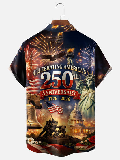 Alohadaddy® Men's Holiday 250th Anniversary Fireworks Patriotic Celebration Retro Print Shirt Button Down Short-Sleeve Big & Tall