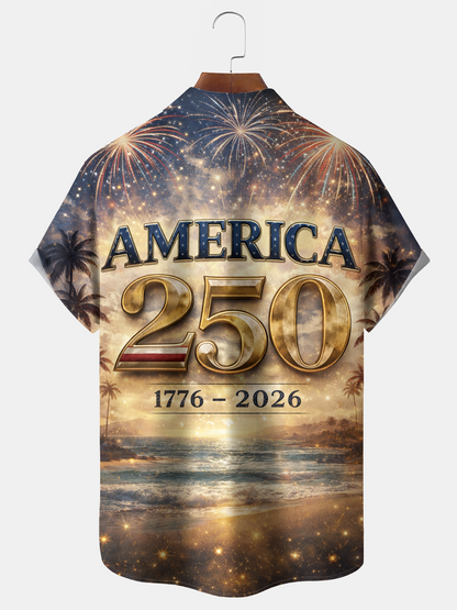 Alohadaddy® Men's Holiday 250th Anniversary Fireworks Beach Illustration Retro Print Hawaii Shirt Button Down Short-Sleeve Big & Tall