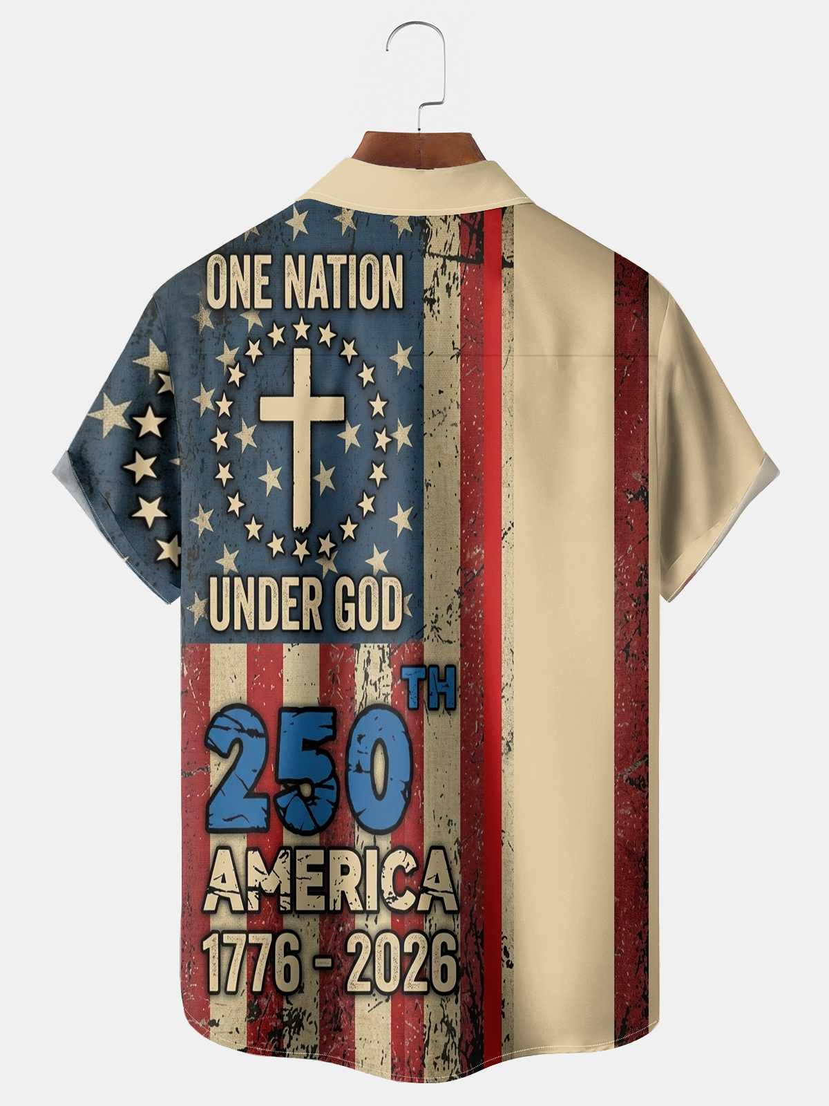 Alohadaddy® Men's Holiday Patriotic One Nation Under God 250th Anniversary 1776-2026 Christian Cross Retro Print Button Down Short-Sleeve Big & Tall