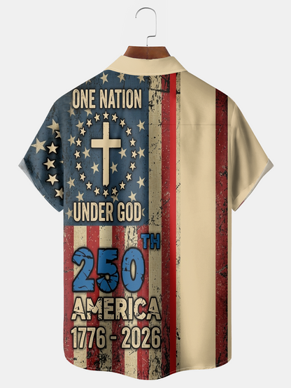 Alohadaddy® Men's Holiday Patriotic One Nation Under God 250th Anniversary 1776-2026 Christian Cross Retro Print Button Down Short-Sleeve Big & Tall