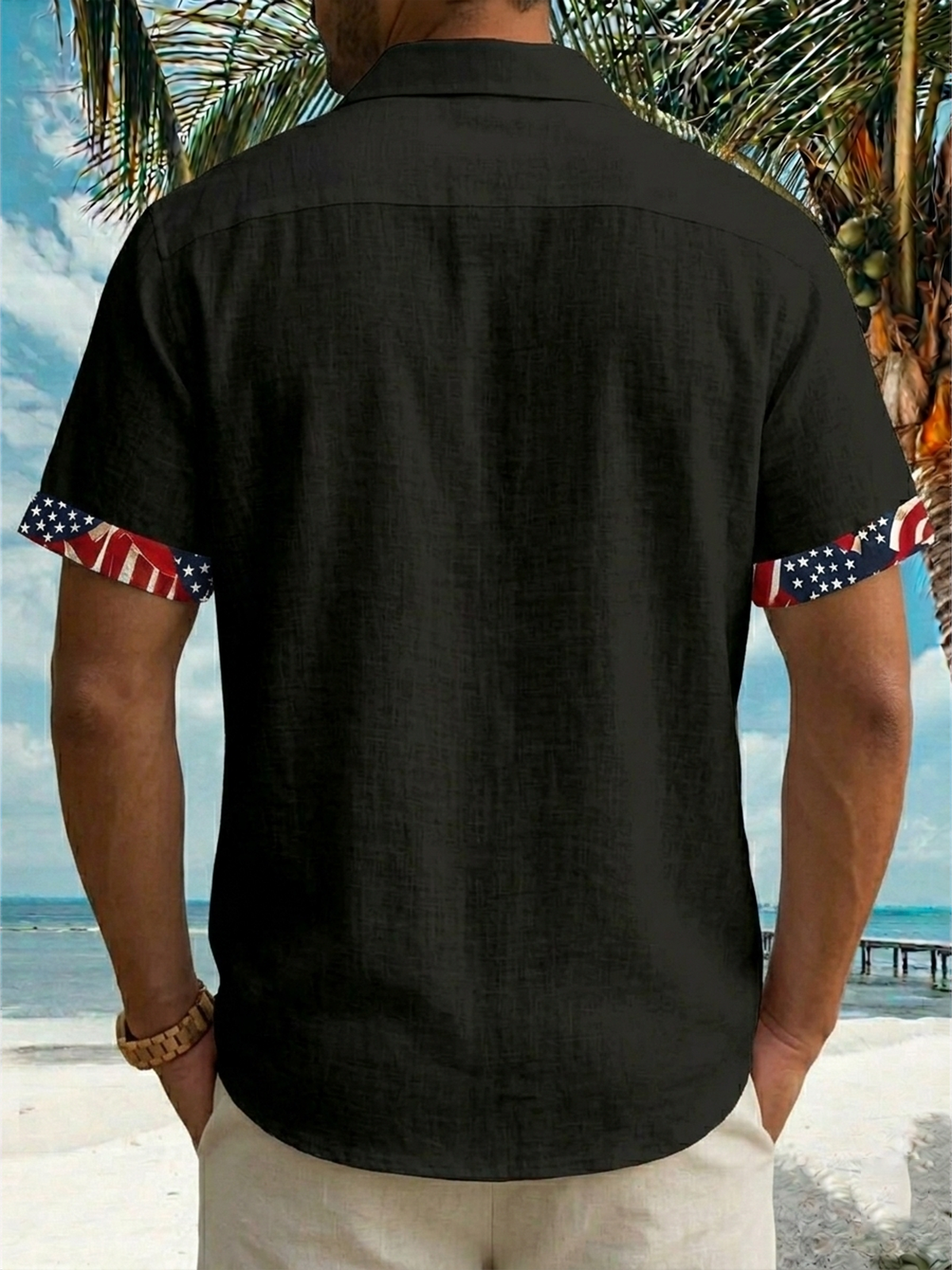 Alohadaddy® Men's Holiday Patriotic American Flag Stars Stripes Border Patchwork  Retro Print Button Down Short-Sleeve Big & Tall