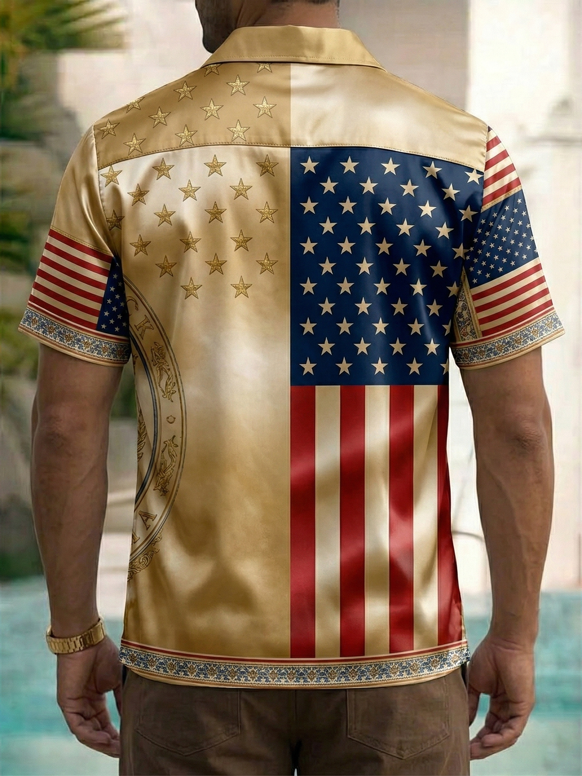 Alohadaddy® Men's Holiday American 250th Anniversary Golden Satin Bald Eagle Print Button Down Short-Sleeve Big & Tall