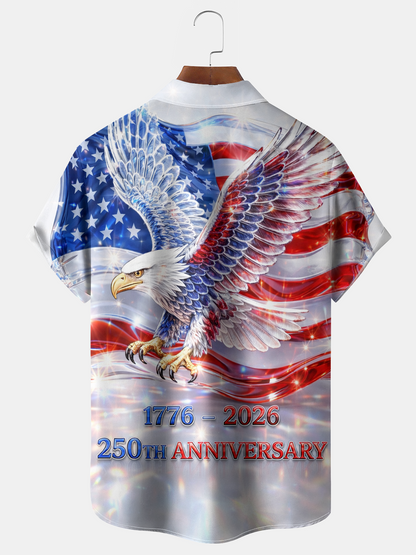Alohadaddy® Men's  Holiday 250th Anniversary Patriotic American Glory Sparkling Eagle Flag Print Button Down Short-Sleeve Big & Tall