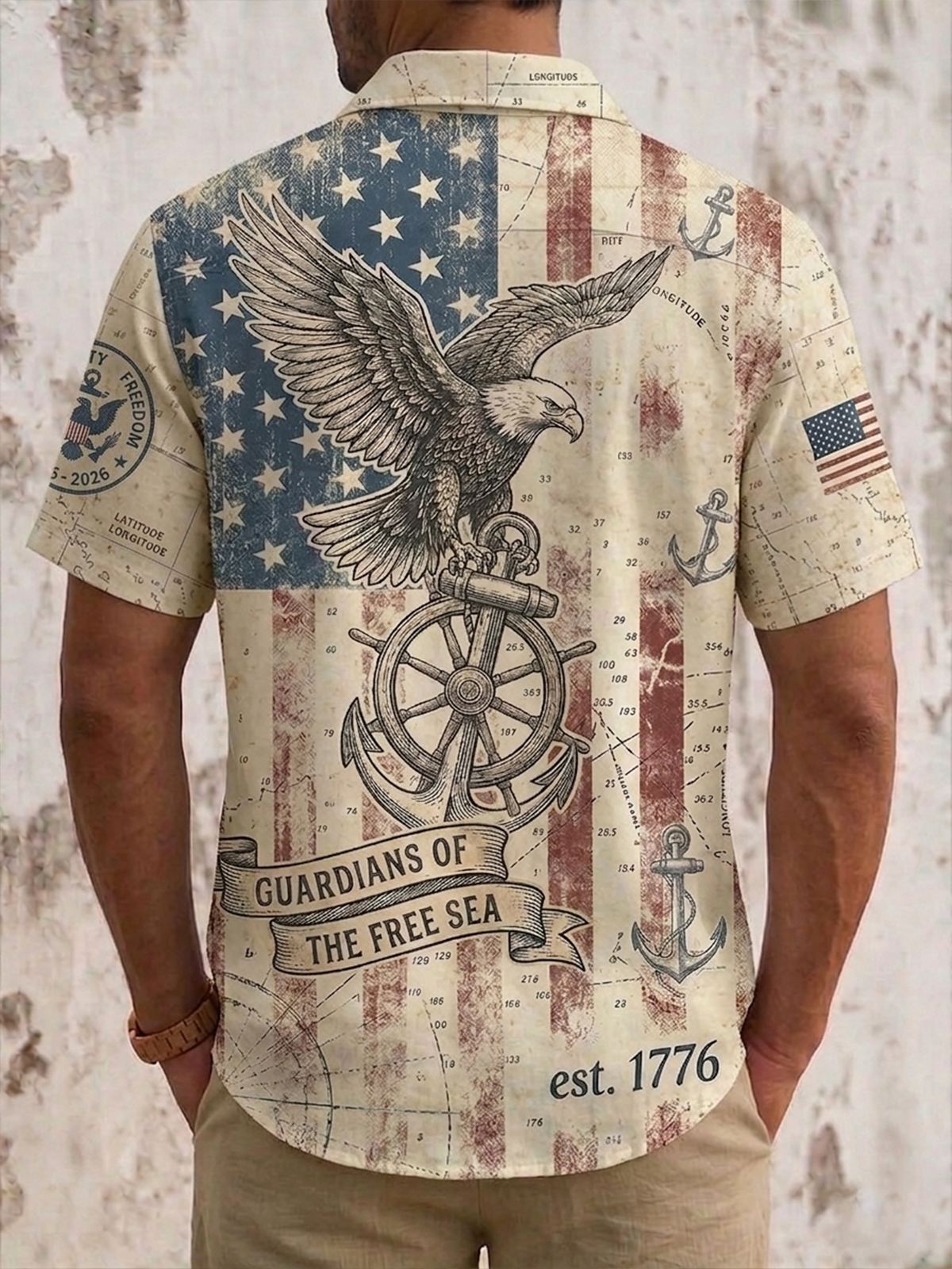 Alohadaddy® Men's Holiday USA 250th Anniversary & Vintage Nautical Graphic Patriotic Eagle Retro Print Button Down Short-Sleeve Big & Tall