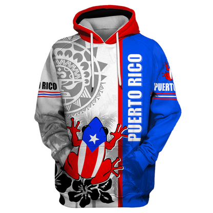 Puerto Rico Hoodie Puerto Rico Flag Frog Pattern Hoodie White Unisex