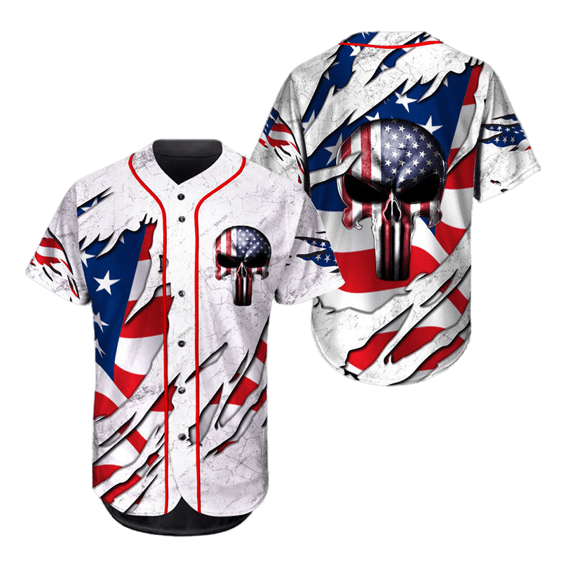 Independence Day Jersey Torn Ghost Head Skull American Flag Independence Day White Jersey Shirt 04th Of July Baseball Jersey For Men