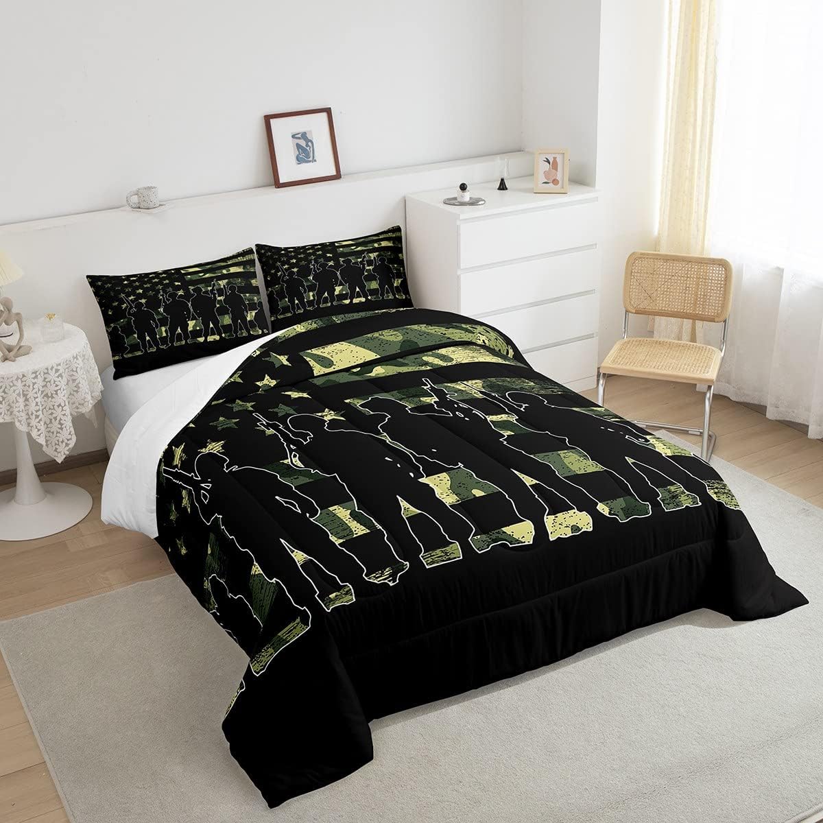 Veteran Bedding Set American Flag Soldiers Silhouette Camoflage Duvet Covers Black Green Unique Gift