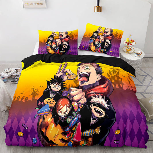 Jujutsu Kaisen Bedding Set Jujutsu Kaisen Characters On Halloween Duvet Covers Purple Yellow Unique Gift