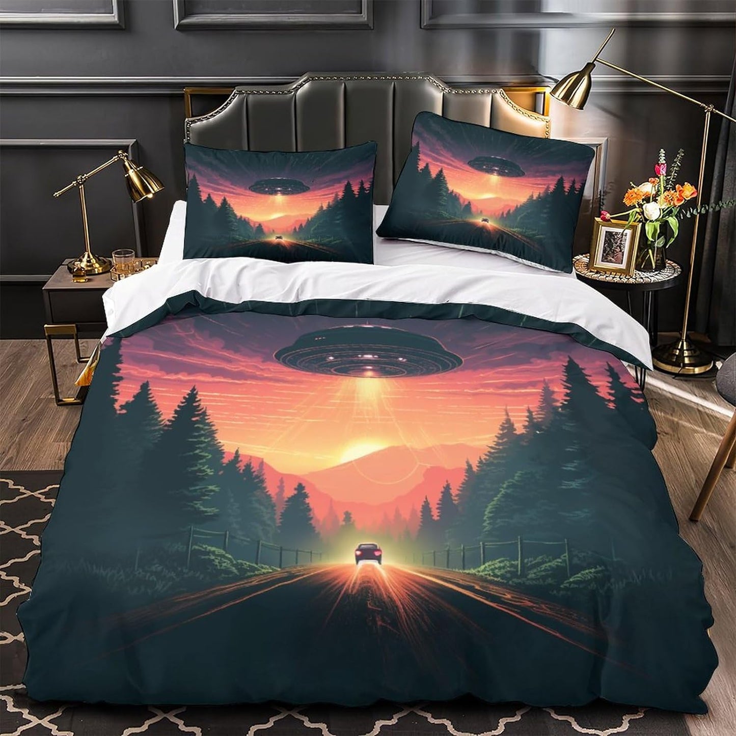 UFO Bedding Set UFO With Car On The Road Duvet Covers Black Orange Unique Gift