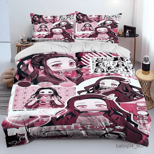 Demon Slayer Bedding Set Nezuko Kamado The Sister Demon Duvet Covers Pink Unique Gift