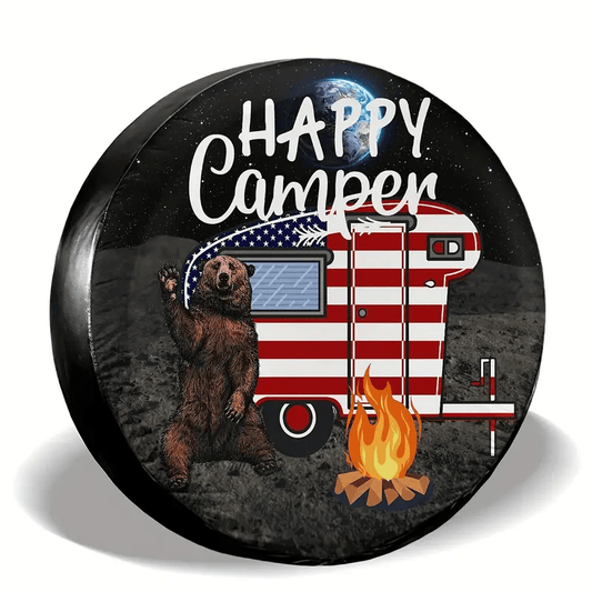 Camping Spare Tire Cover Happy Camper Bear RV Pattern Tire Covers Black