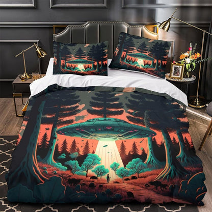 UFO Bedding Set UFO Kidnap Animal In Forest Duvet Covers Colorful Unique Gift