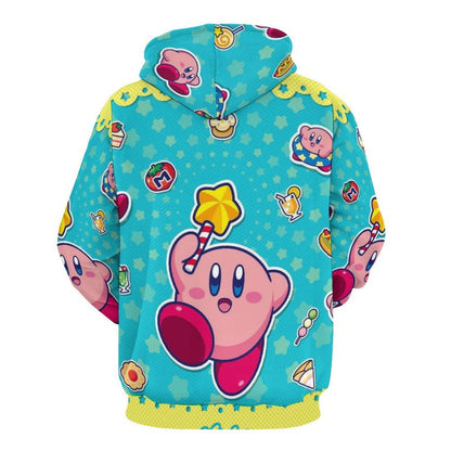 Kirby Hoodie Kirby With Star Wand Food Pattern Hoodie Blue Pink Unisex