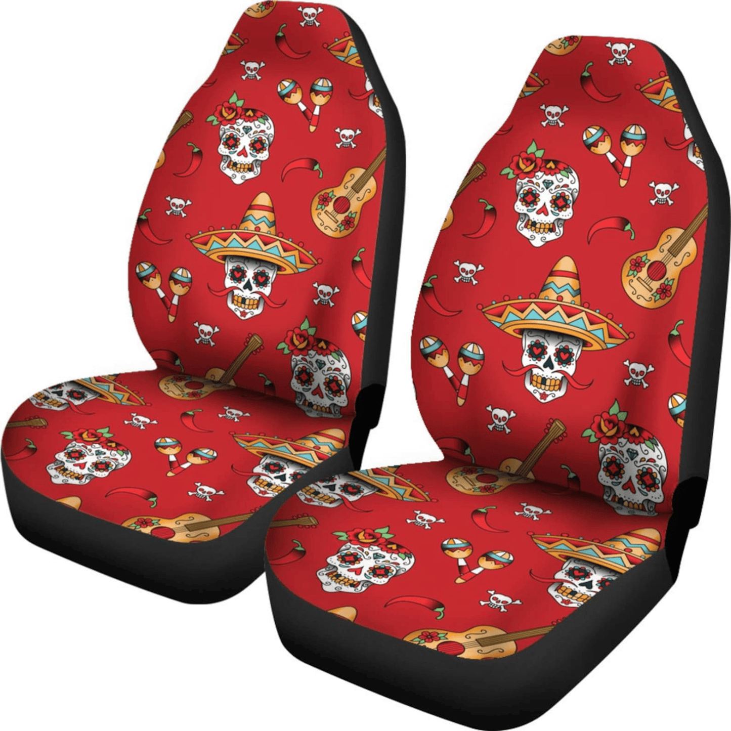 Skull Car Seat Covers Sugar Skull Guitar Pattern Seat Covers Red