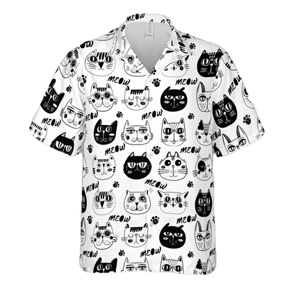 Cat Hawaii Shirt Cartoon Cute Cat Pattern Hawaiian Shirt Black White Unisex