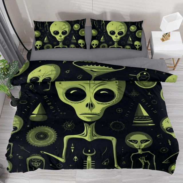 Alien Bedding Set Weird Alien And Science Pattern Duvet Covers Black Green Unique Gift