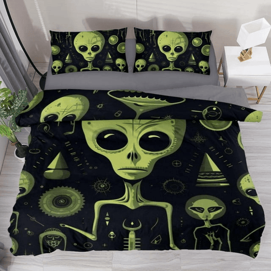 Alien Bedding Set Weird Alien And Science Pattern Duvet Covers Black Green Unique Gift