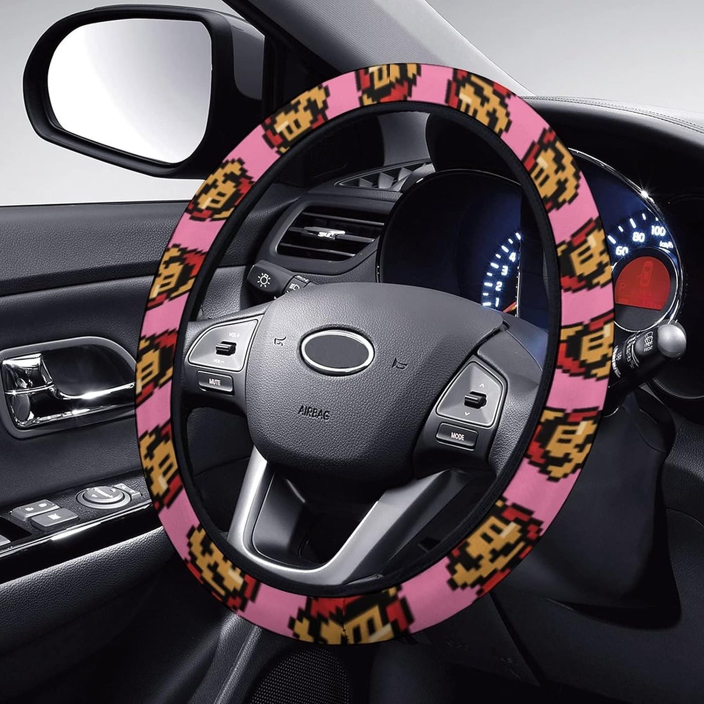 Mario Steering Wheel Cover Super Mario 8 Bit Pattern Driving Wheel Cover Pink