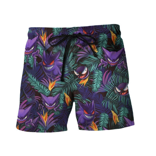 PKM Shorts PKM Gengar Evolution Tropical Pattern Beach Shorts Green Purple