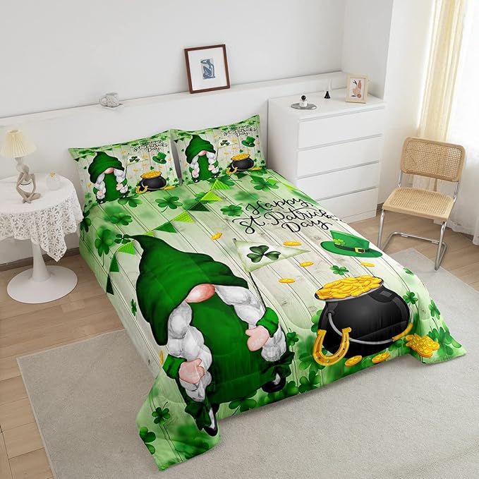 St Patrick Day Bedding Set Happy St Patrick Day Gnome Coin Caulron Duvet Covers Green Unique Gift