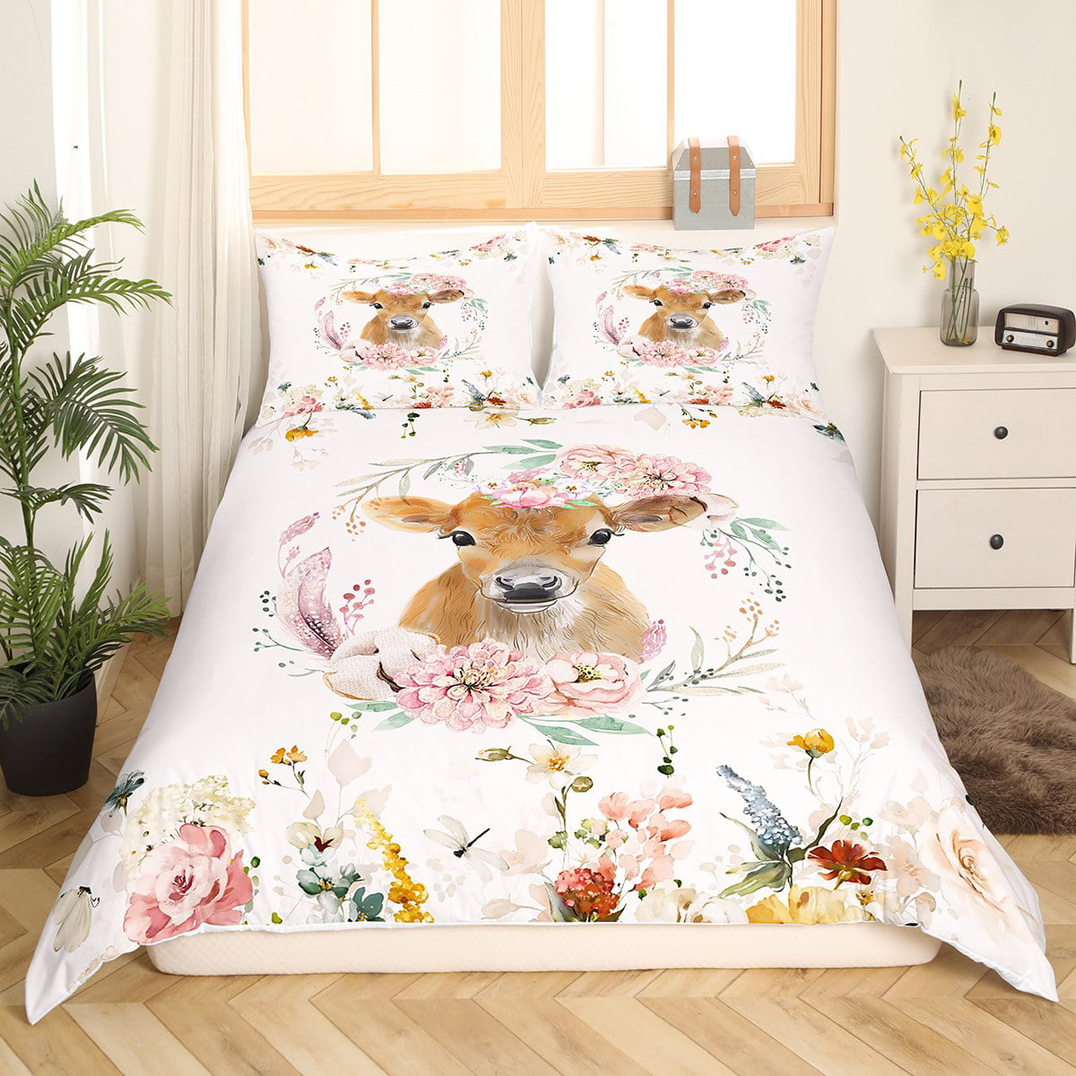 Cow Bedding Set Watercolor Flower Wild Cattle Duvet Covers Pink Unique Gift